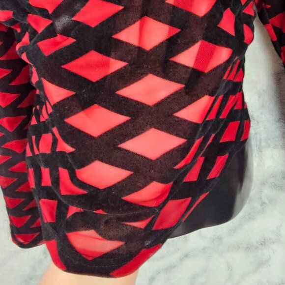 1X-2X Red & Black Long Sleeved Crop Mesh Velour Criss Cross Sheer Layering Top - Picture 3 of 9